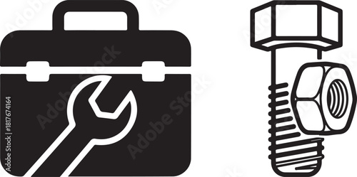 Monochrome Vector Icons Depicting Toolbox, Wrench, Bolt, and Nut
