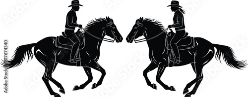 Black silhouette vector illustration of cowboy and cowgirl riding galloping horses facing each other, wild west rodeo concept, isolated on white.