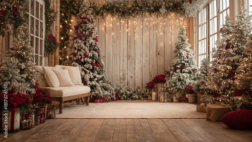 Interior de estúdio de Natal luxuoso e rústico com árvores nevadas e sofá