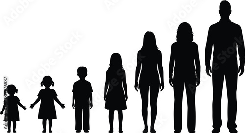 Vector illustration of human growth stages silhouette, from child to adult, life cycle concept, people of different ages standing.