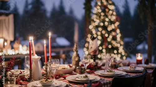 Christmas Dinner Table Setting with Tree Background