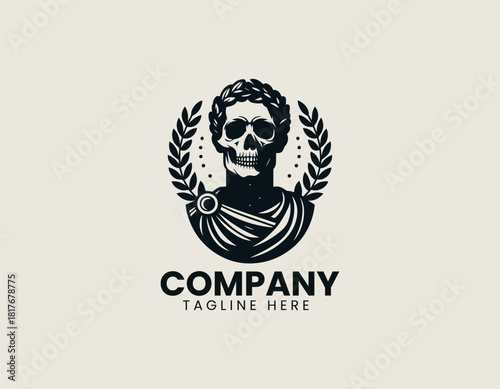 Striking black skull portrait wearing an ancient Roman toga and majestic laurel wreath emblem.