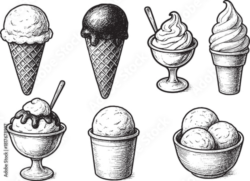 Hand-drawn ice cream sketch illustration set featuring vintage dessert bowls, cones, soft serve, gelato, and classic outline artwork.
