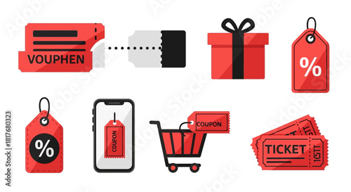 A versatile set of red commerce icons representing sales, discounts, vouchers, and online shopping offers