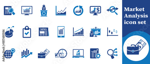 Market analysis icon set, market analysis, data analysis, research, market trends, growth charts, bar charts, pie charts, line graphs, statistics, KPIs, dashboards, customer insights and more