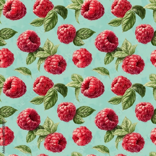 Seamless pattern with bright fresh raspberries and green leaves on a pastel mint background illustration for design, packaging and textiles
