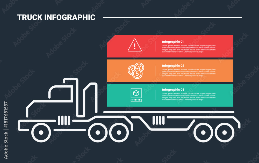 Obraz premium truck logistics transportation infographic process diagram with side view truck with long rectangle box container stacked list with dark background bright outline style 3 point