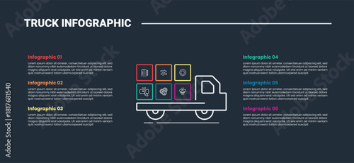 truck logistics transportation infographic process diagram with side view with square box stacked on truck behind with dark background bright outline style 6 point
