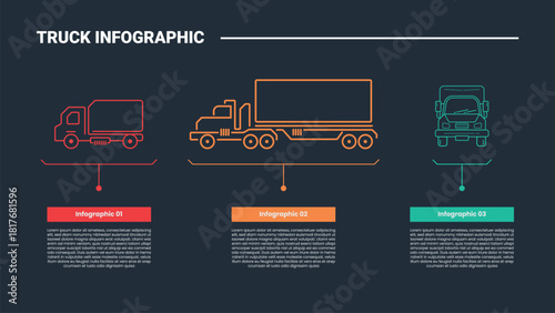 truck logistics transportation infographic process diagram with various truck size from big, small, and front view with dark background bright outline style 3 point
