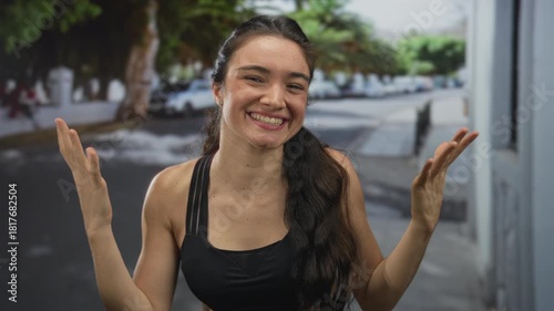 Woman shrugs arms on city street beside parked cars under trees wearing a black sports bra; joy and confidence.