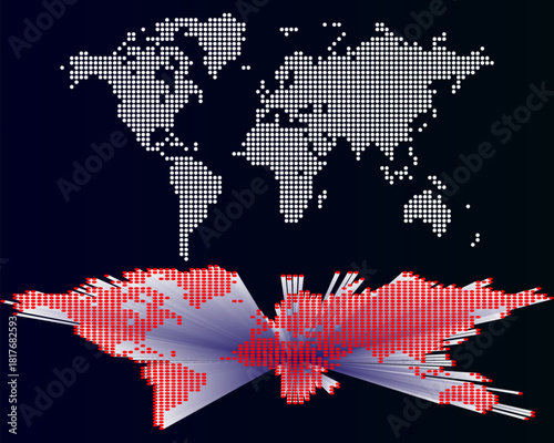 Dotted world map. Geometric round circle dot pattern digital global world map. Dotted world map in halftone style showing continents and countries. Atlas style representation with geographic layout.