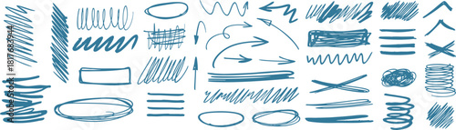 Hand-drawn blue sketch marks and arrows for creative design. Scribbles, strokes, and doodle shapes ideal for notes and highlights. Dynamic marker-style elements for modern artwork.