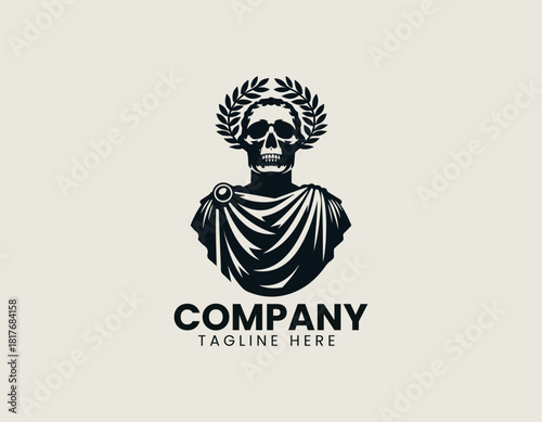 Striking black skull portrait wearing an ancient Roman toga and majestic laurel wreath emblem.