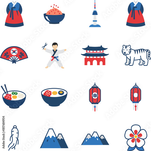 An icon set depicting various elements of South Korean culture, including the Hanbok, Namsan Tower, food (Bibimbap, Ramyeon), Taekwondo, traditional architecture, a tiger, lanterns, ginseng, mountains