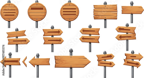Large Cartoon Vector Illustration Set of Blank Wooden Signs and Directional Arrows, Featuring Rustic Wood Planks on Metal Posts, Ideal for Game Interface and Pathfinding Graphics