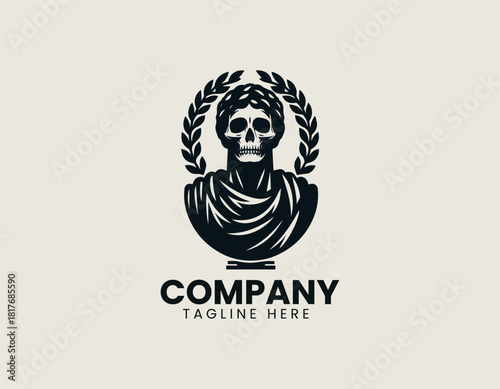 Striking black skull portrait wearing an ancient Roman toga and majestic laurel wreath emblem.