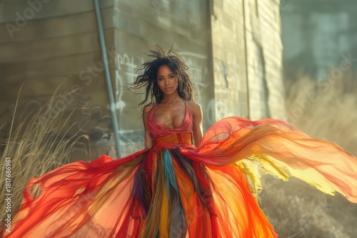 A woman in a flowing red dress is captured against an urban setting, her hair moving in the wind. The image highlights the contrast of vibrant color and muted city tones.