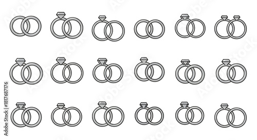 A grid of various wedding and engagement ring icons, showing different styles of intertwined bands and diamond rings.