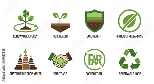 Sustainable Agriculture and Renewable Energy Icons Set.