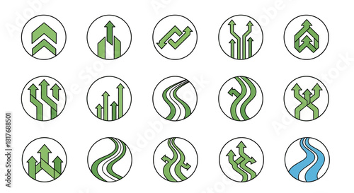 A collection of circular icons featuring various green arrows and wavy lines representing direction, growth, and pathways.