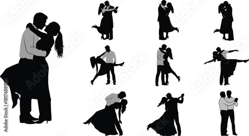 Romantic Collection of Ballroom and Partner Dance Couple Silhouettes Vector Illustration Set, Capturing Passionate and Elegant Moves for Wedding and Event Graphics Isolated on White