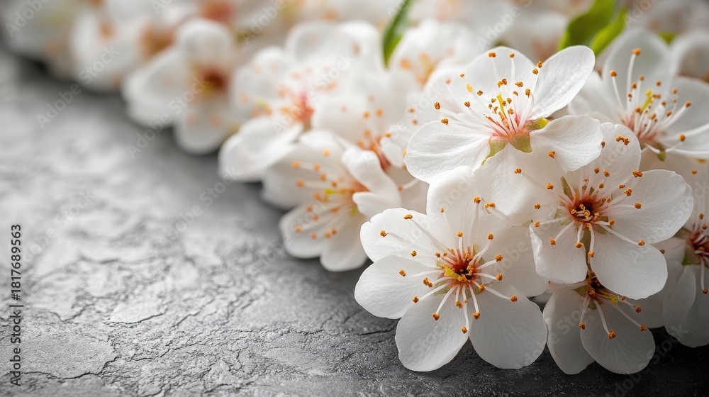 Fototapeta premium A vibrant cluster of white flowers boasting bright yellow centers, arranged on a naturally textured surface. Perfect for spring, beauty, or nature photography.