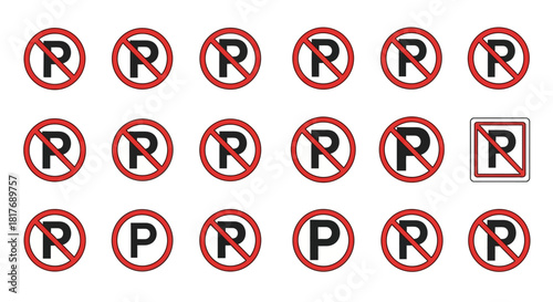 A grid of multiple no parking signs, mostly circular, with one square sign, on a white background, indicating parking restrictions.