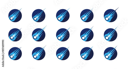 Fifteen identical circular logos depicting a stylized blue comet or meteor with a fiery trail streaking across a dark blue background, arranged in a grid pattern.