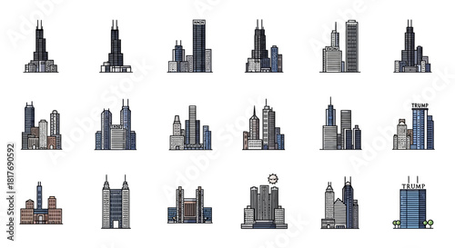 A collection of 15 detailed illustrations showcasing various modern city skylines and individual skyscrapers with diverse architectural designs.