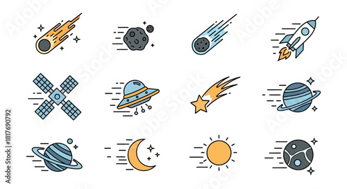 Collection of space icons: comets, asteroids, rockets, satellites, UFOs, planets, moon, sun, and a yin yang planet.