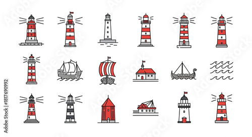 A collection of lighthouse and ship illustrations in a vector format, featuring various designs and styles.