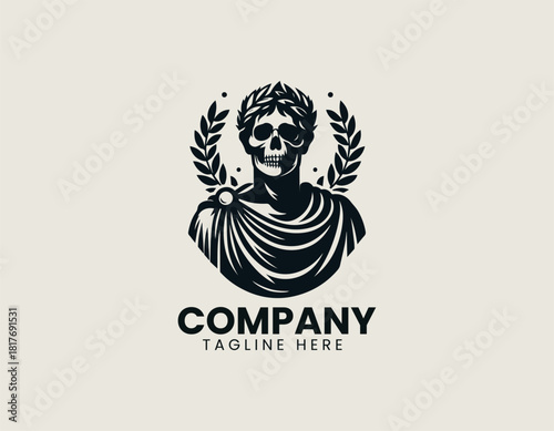 Striking black skull portrait wearing an ancient Roman toga and majestic laurel wreath emblem.