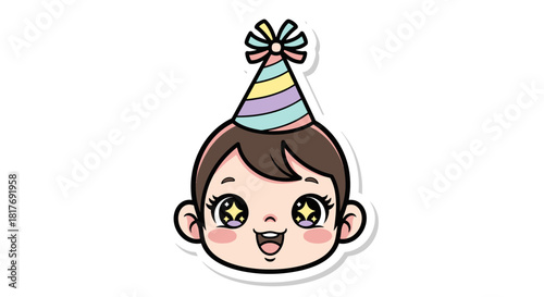 Adorable cartoon baby head with sparkling star eyes wearing a colorful striped birthday party hat.