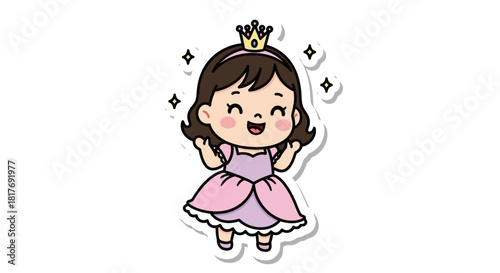 Cute cartoon princess girl in a pink dress with a crown, sparkling with joy on a white background.