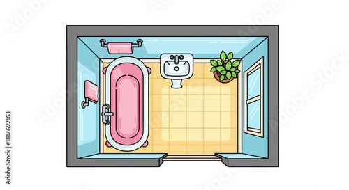 Cartoon top-down view of a bathroom interior with a pink bathtub, toilet, and window.