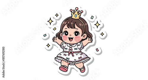 A cute cartoon sticker of a happy little princess girl wearing a crown and surrounded by sparkles.
