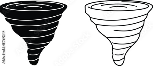 Black and white illustration depicting two swirling tornado shaped designs