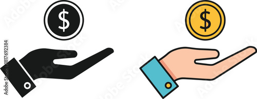 Hands offering money a black and colored graphic illustration