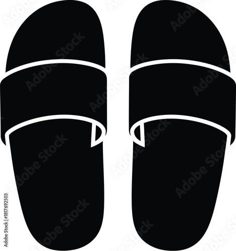 A simple black and white illustration of a pair of open toe slides
