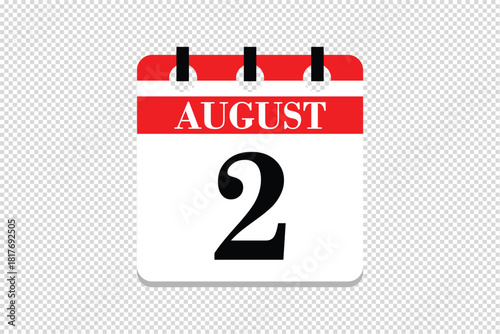 2 August Calendar icon vector, 2 dates of August month calendar icon, dates of August 2 icon calendar, vector calendar icon.
