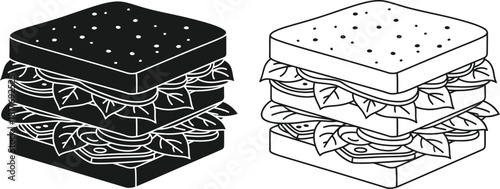 A black and white depiction of a stacked sandwich and single slice