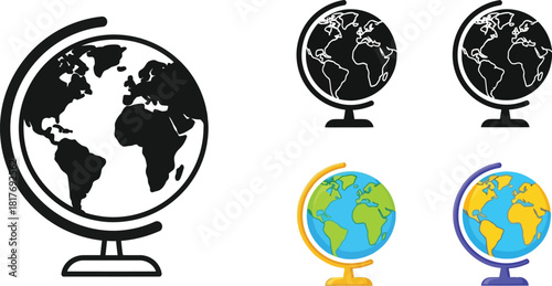 Illustrative depiction of various globe icons in differing styles and colors