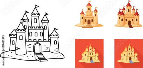 Illustrations of fairytale castles in various styles and color schemes