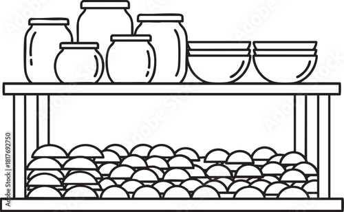 A black and white line art illustration of a pantry shelf with glass jars bowls and stacked round goods.
