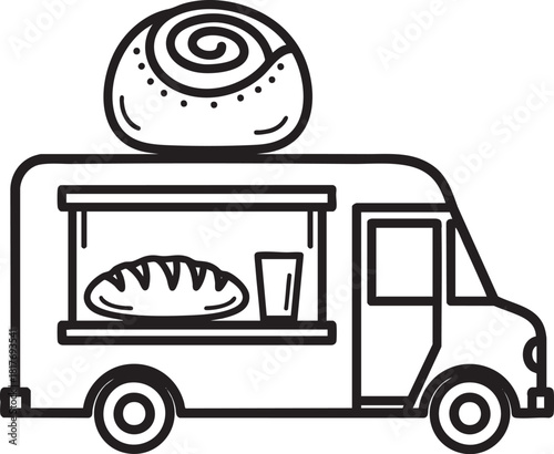 Black and white line art illustration of a food truck with a giant cinnamon roll on top.
