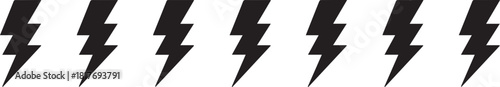 Horizontal row of six black lightning bolt icons isolated on white background vector graphic design element