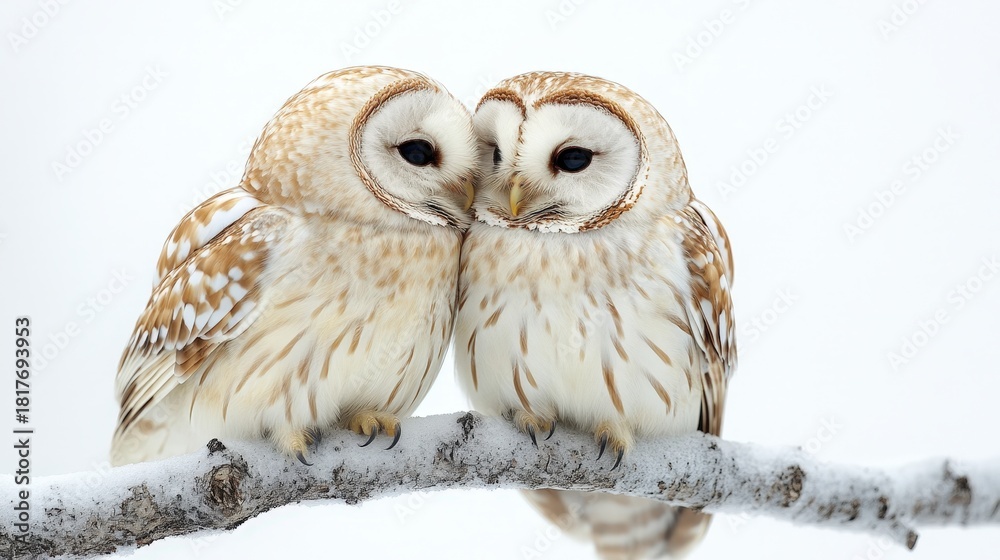 Fototapeta premium Two majestic owls perched on a snowy branch during a winter landscape. The scene evokes tranquility and the beauty of the natural world.