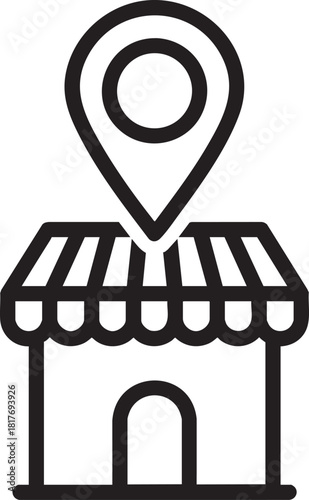Black line art icon of a store location featuring a shop with a striped awning and a map pin pointer.