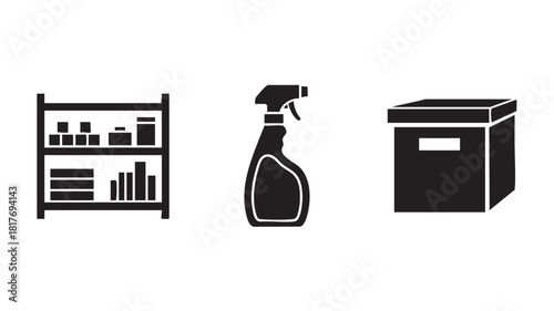 A collection of three black silhouette icons representing household storage, cleaning, and organization.