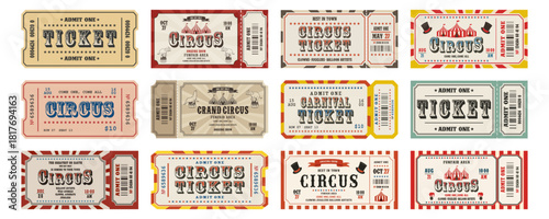 Vintage circus tickets set. Retro carnival admission coupons with typography. Vector